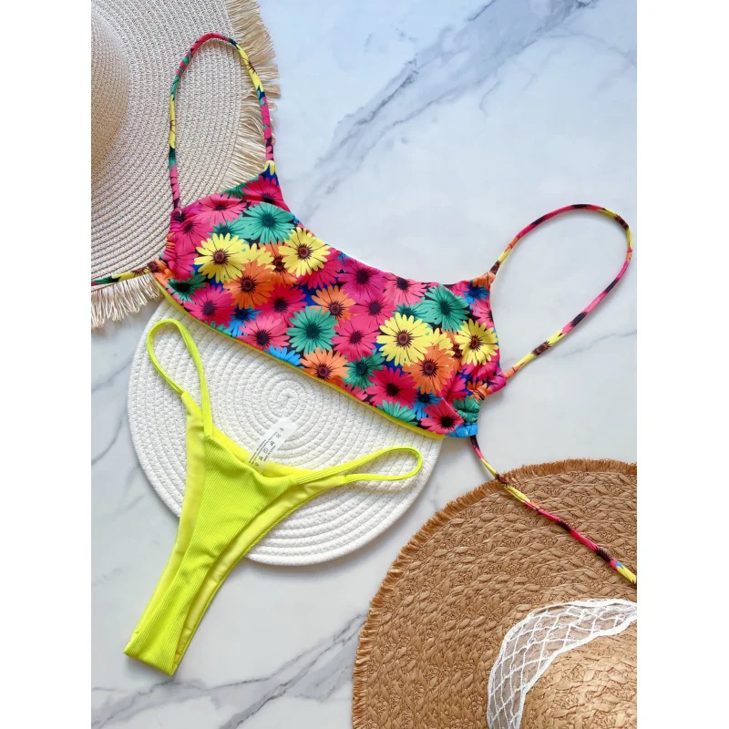 2025Popular SUNFLOWER Printed Tube Top Banded Bikini Suit Low Waist Lace-up Fashionbiquini