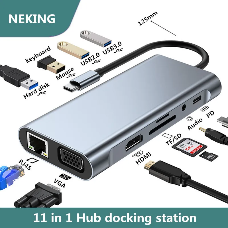 

11 In 1 Type-C Hub Laptop Mobile Phone VGA RJ45 SD TF HDMI Audio PD USB3.0 USB2.0 Docking Station Splitter USB-C Converter