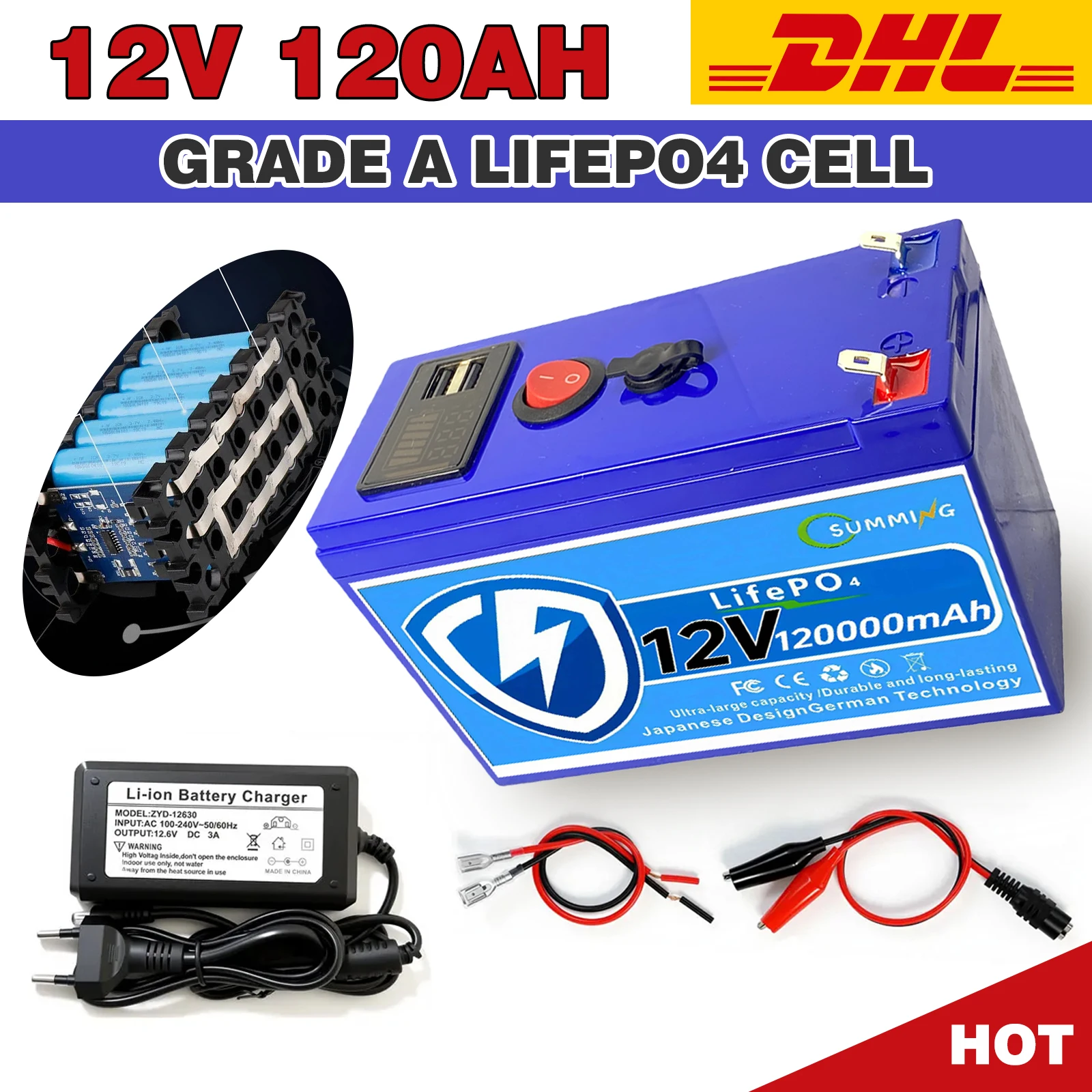 LiFePO4 12V 100Ah Battery Pack for LED lights, camping, and home backup power supply 18650 Lithium Battery +Charger