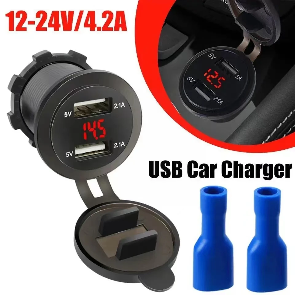 4.2A Car Charger Dual USB Socket Power Plug 12V24V LED Voltmeter Car Fast Charging Cigarette Lighter Motorcycle Splitter Adapter