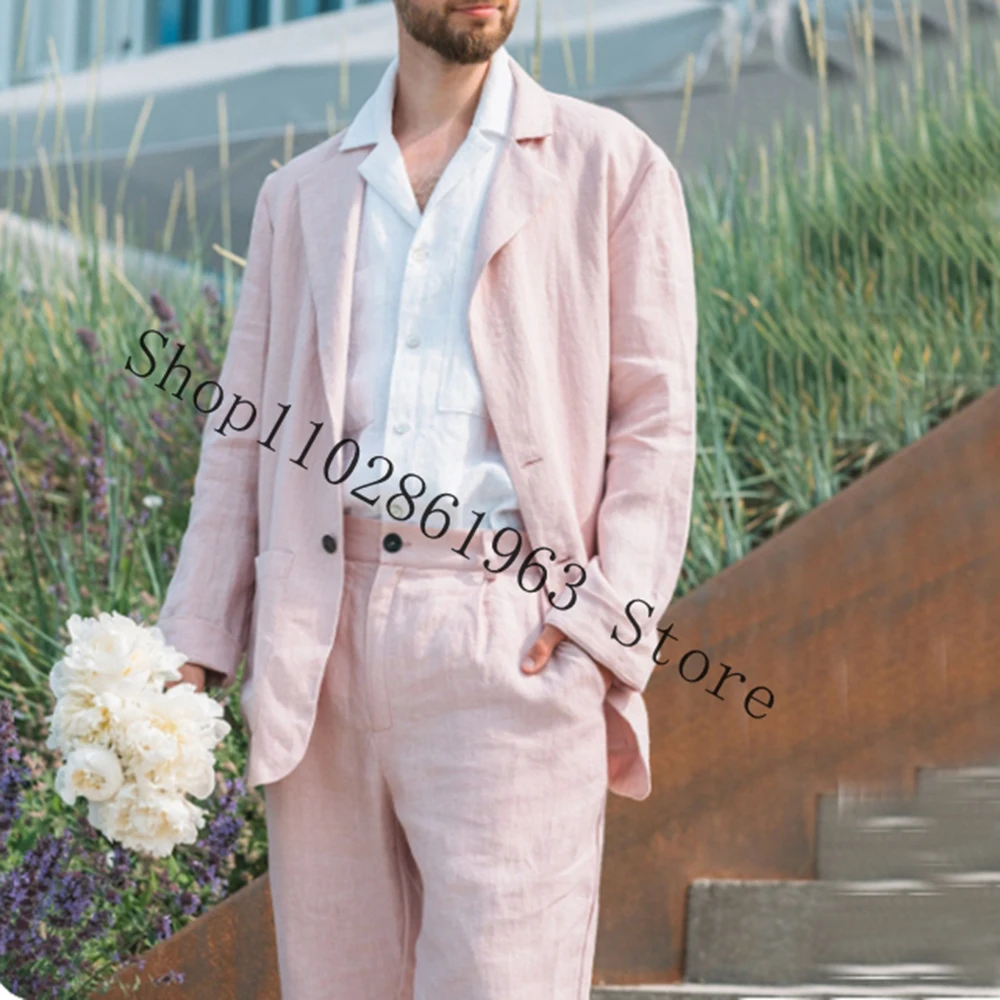 

Pink Linen 2 Pieces Suits For Men Casual Elegant Best Men Groom Wear Tuexdos For Wedding Blazer Pants Costume Homme Mariage