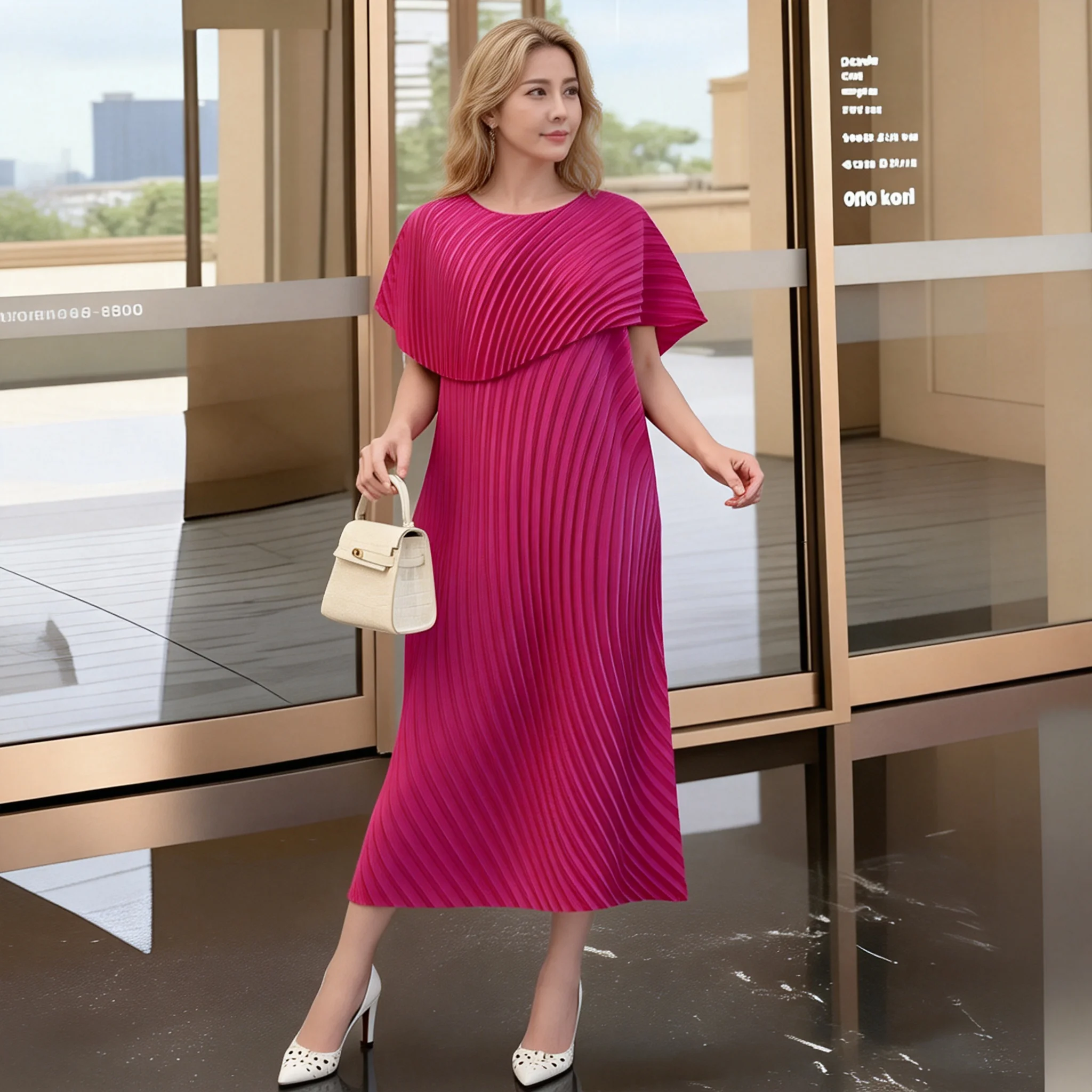

Rose Red Dress Short Sleeve New Spring Clothes Seaside Vacation Miyake Style Pleated Loose Large Size Women's Pleated Skirt