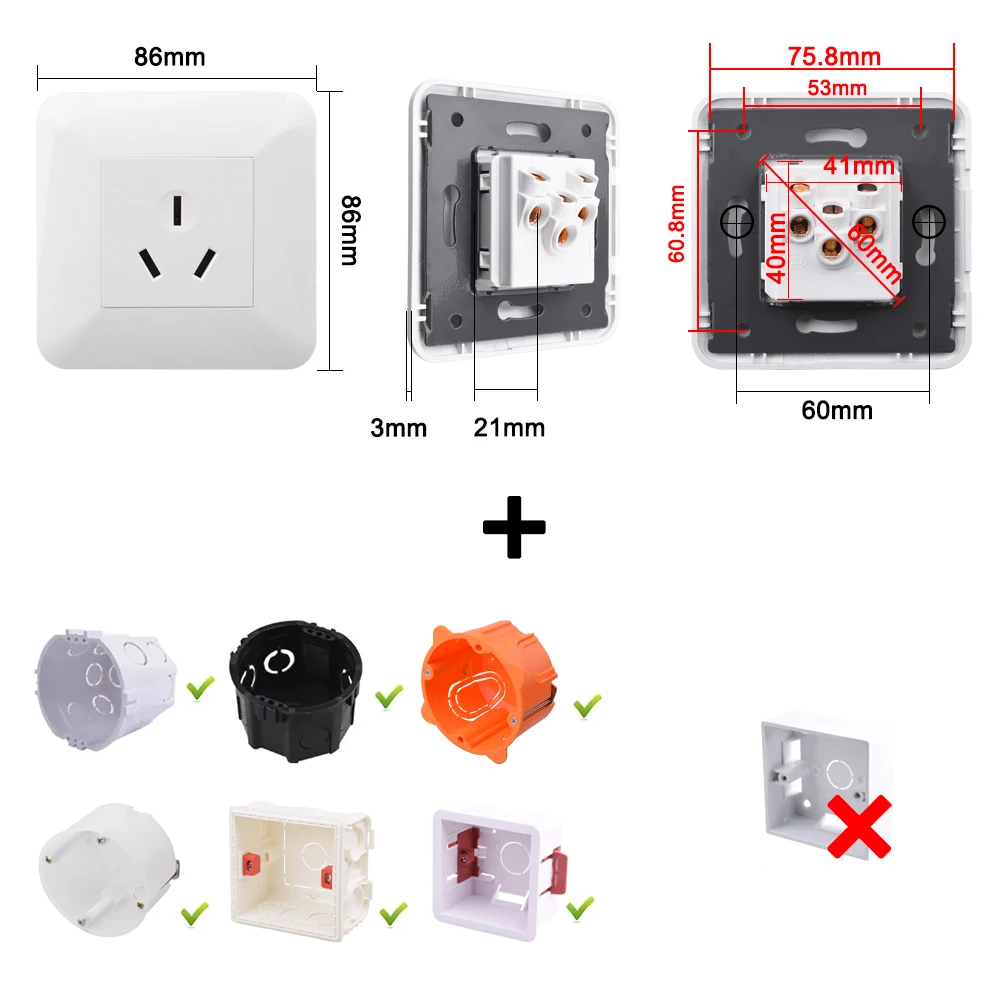 Coswall E45 Series Glass / Plastic Panel Chinese socket Grounded 16A 3 Pin Socket Fit Into European Round Box