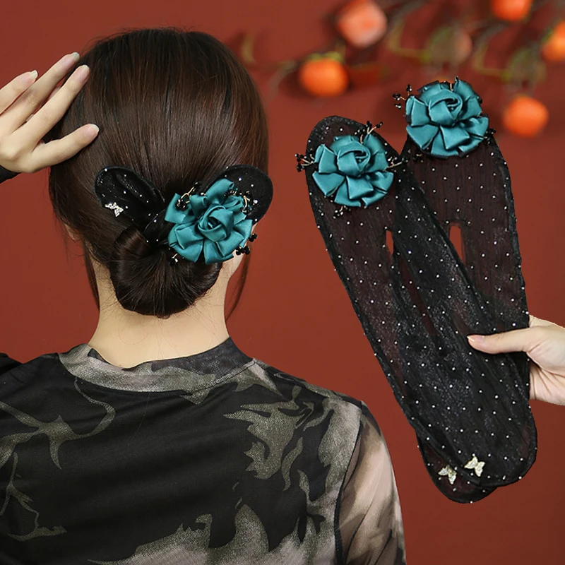 Vintage Women Lazy Magic Green Flower Hair Bun Curler Ladies Dount Hairstyle Twist Tool Hair Accessories