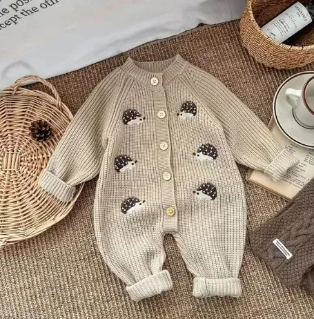 Korean Style Spring And Autumn Clothes Baby Knit Jumpsuit Super Cute Little Hedgehog 100-Day Knitted Crawling Suit For Going Out