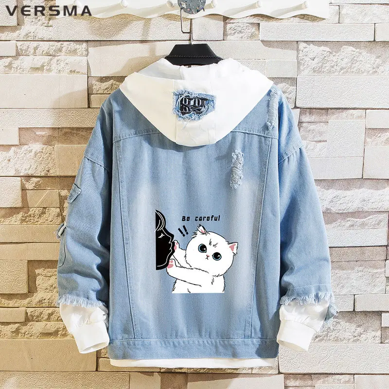 

VERSMA Korean Harajuku Kpop Cute Cat Printed Bomber Jeans Jacket Men Hip Hop Streetwear Loose Ripped Denim Coat Men Dropshipping