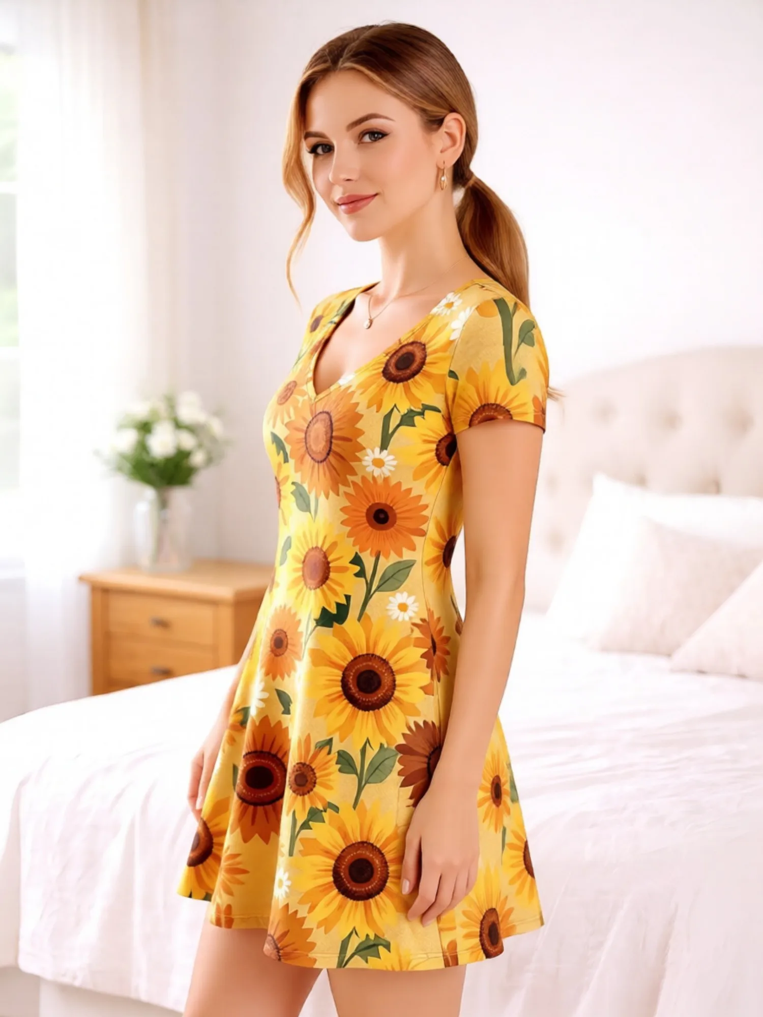 Damen-Minikleid mit V-Ausschnitt und kurzen Ärmeln, weiches, ausgestelltes A-Linien-Sommerkleid für den Sommerurlaub, Strand, leichte Sommerkleidung – Detail 9