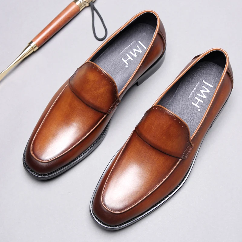 

Mens Business Leather Loafers British Style Round Toe Formal Shoes Brown Retro Slip on Mens Shoes