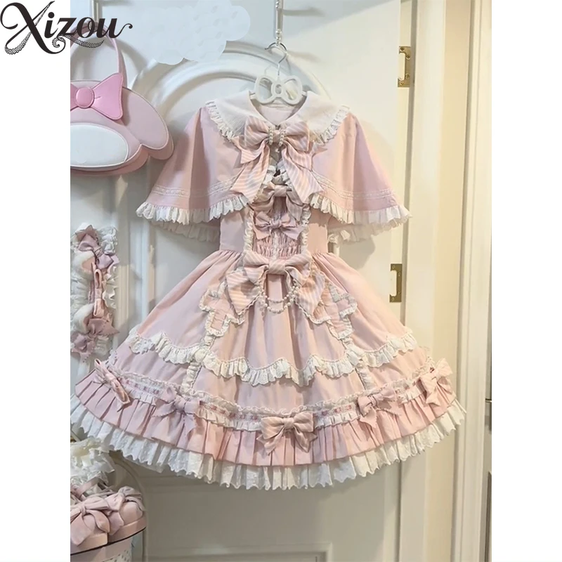 2025 Roze Miauw Lolita Jurk JSK Cape Set Zoete Prinses Verjaardag Pop Kraag Strik Hoge Taille Gezwollen Tweedelige Zomer Bal Grown