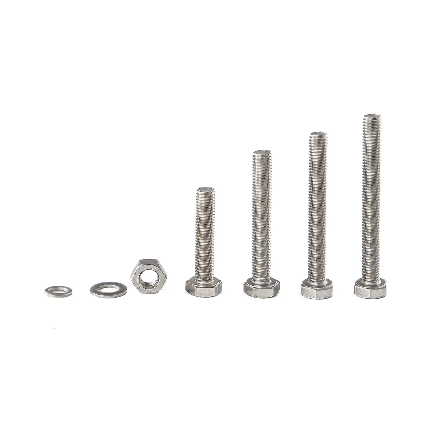 64 pieces of M8 x 40-80 mm hex head bolts, screws, nuts, flat lock washers, stainless steel, fully threaded, bright finish