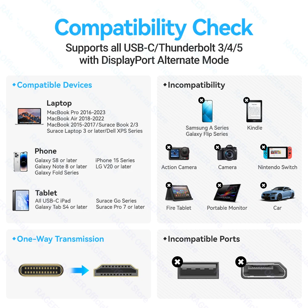 RAGEER 4K@60Hz/4K@30H 타입-C to HDMI 비디오 케이블 단방향 타입-C to HDMI 케이블 다중 기기용 금도금 커넥터