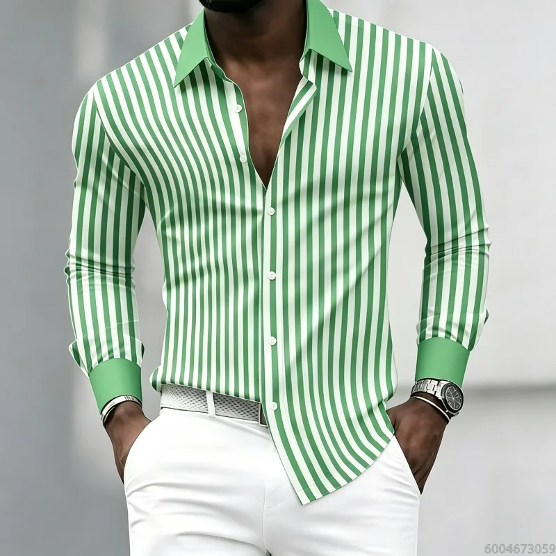 Men's long-sleeved collared shirt with black and white vertical stripes, contrasting collar and cuff design, neat and slim fit.