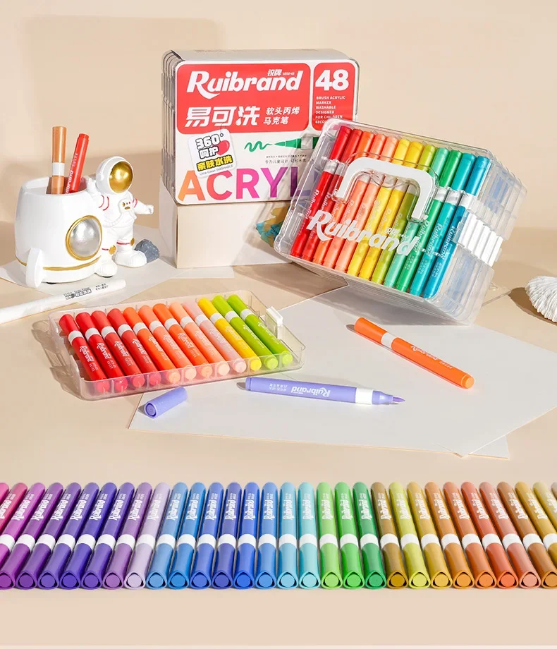 Acrylic Markers for Kids, Glitter, Washable, Overlapping Colors, Foldable Paintbrushes for Elementary School Art