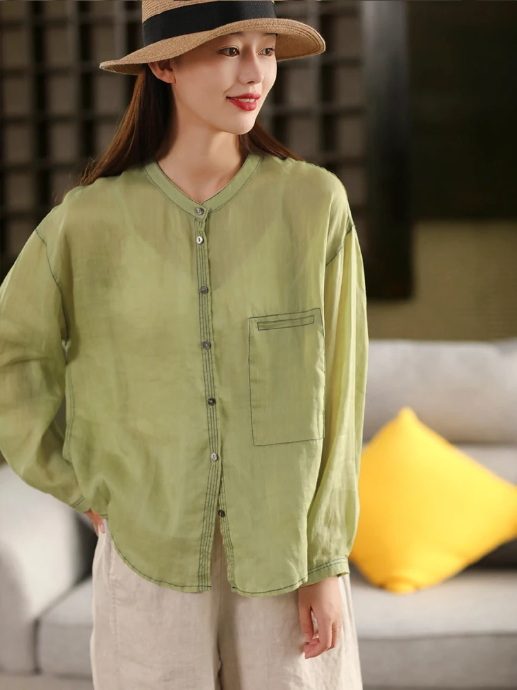 

Летняя тонкая женская рубашка с воротником-стойкой на одной пуговице, 100% лен, художественный дизайн, удобная, дышащая, повседневная, для офиса