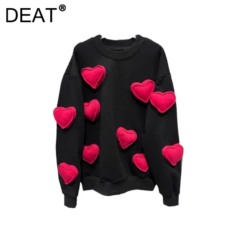 DEAT Women's Pullover Loose 3d Red Heart Fleece Thick Female O-neck Long Sleeve Causal Hoodies 2024 New Fashion Winter 33A2144