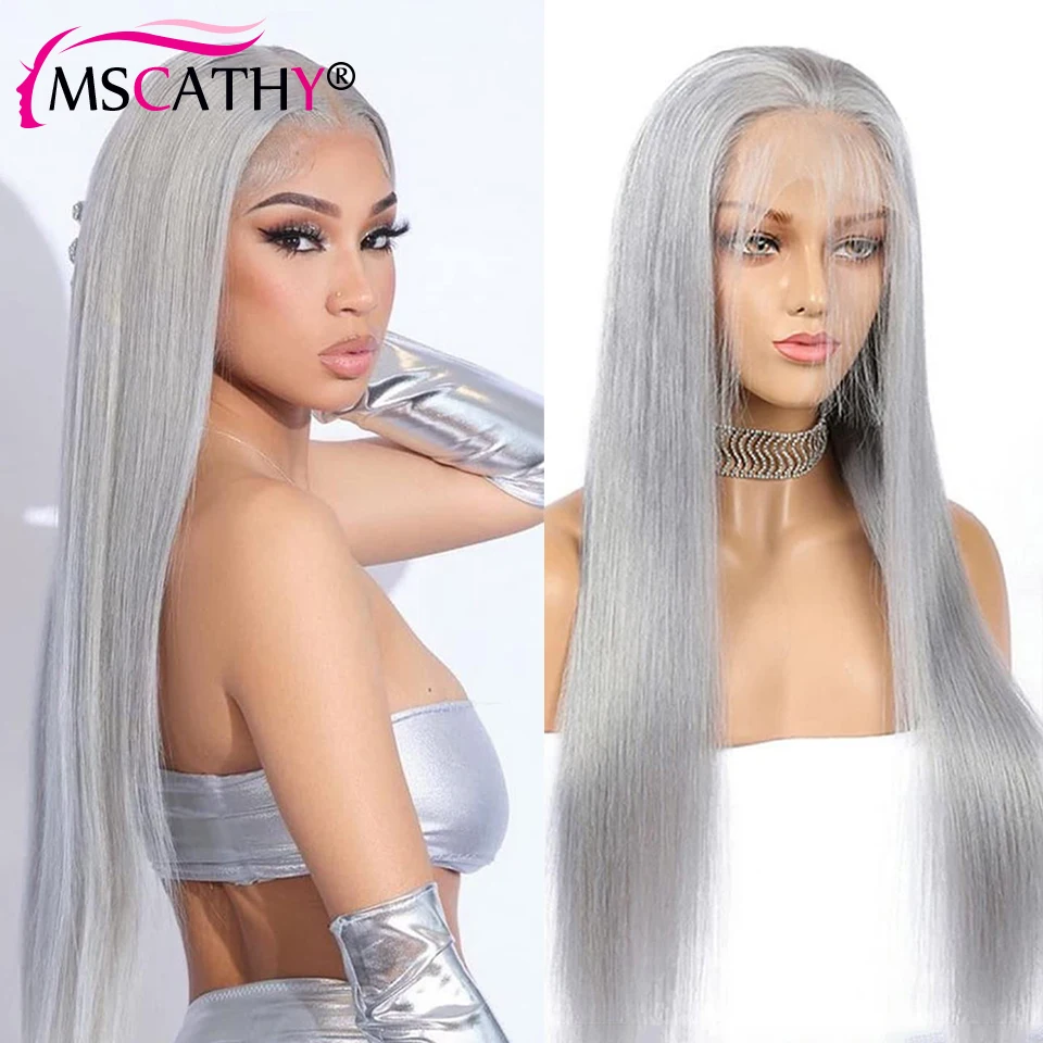 Straight Silver Grey Colored Lace Front Wig 13x4 Brazilian Virgin Human Hair Wigs For Women Gray HD Transparent Lace Frontal Wig