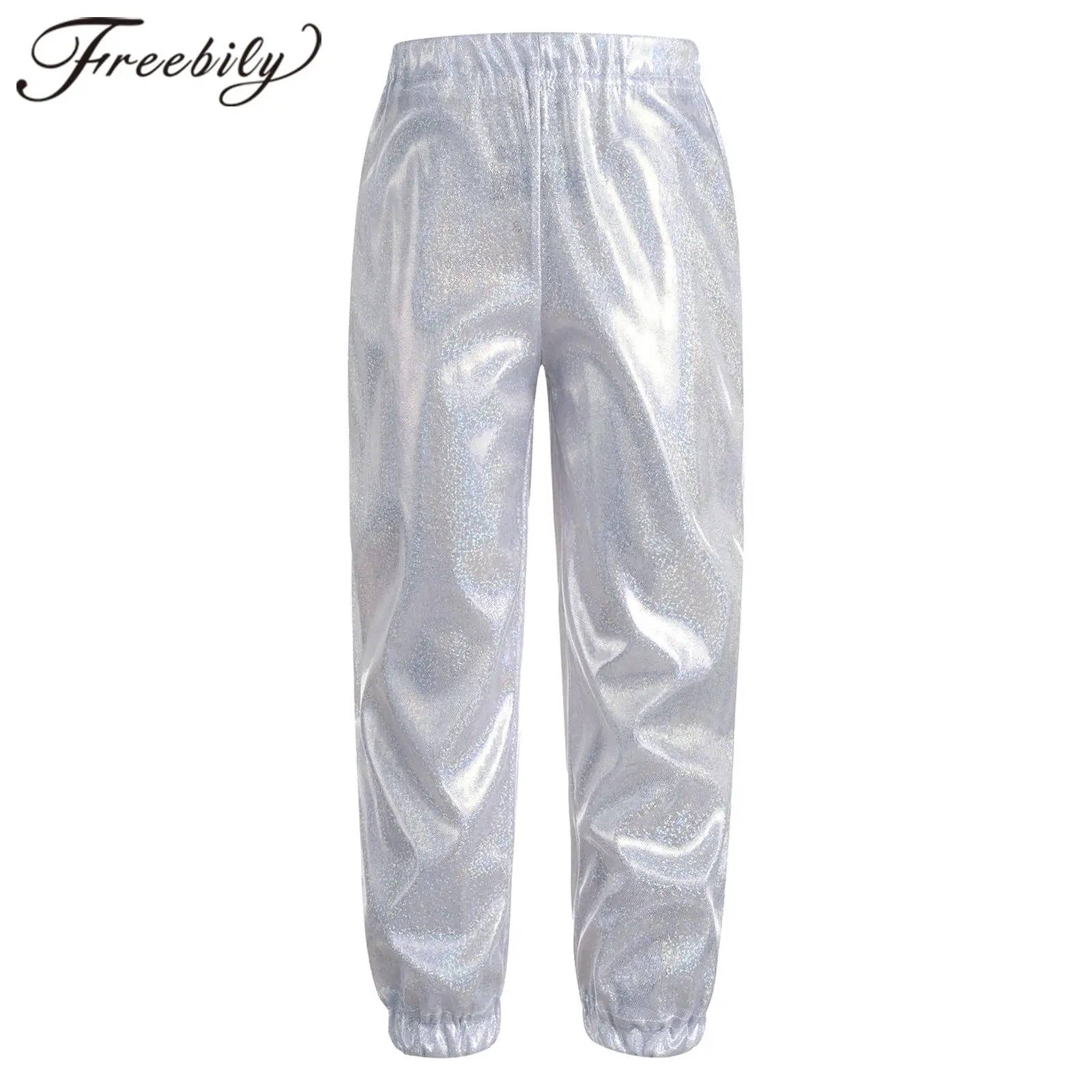 Kids Boys Girls Jazz Hip Hop Costume Street Dance Pants Shiny Metallic Elastic Waistband Trousers Party Performance Dancewear