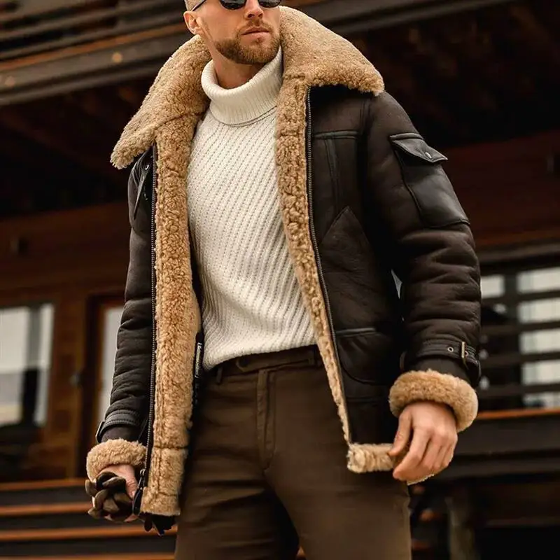 

Winter Faux Leather Jackets Men Fleece Turn Down Collar Motorcycle Coat Solid Male Warm Thick Windproof Zipper Casual Outwear