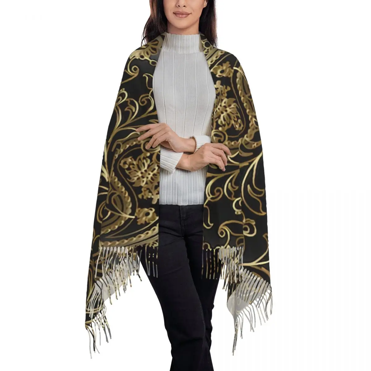 Scarves ثلاثية الأبعاد الذهب والأسود بيزلي الأوشحة للنساء ، الإناث سميكة الدافئة شرابة شال ، Vintage التفاف وشاح ، الزهور ، يترك ، الشتاء