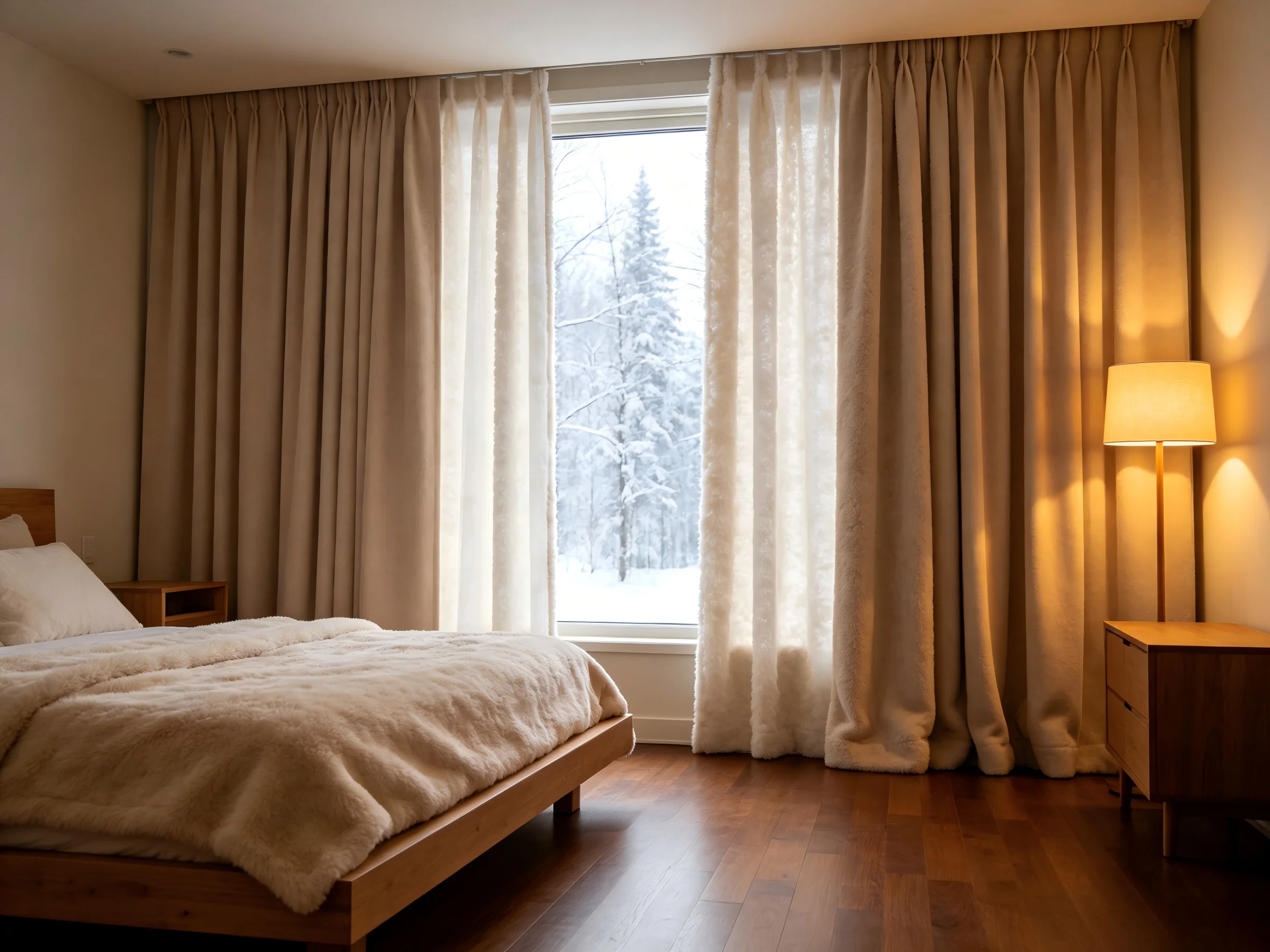 200173  Oat colored velvet lined curtain