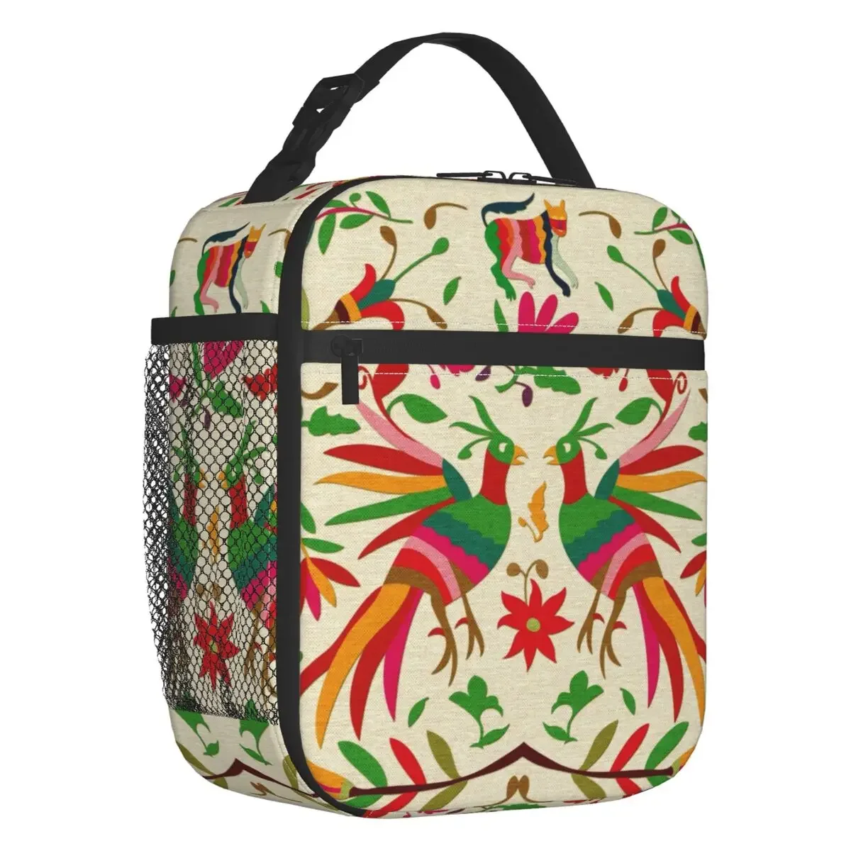 

Mexican Flowers Embroidery Insulated Lunch Tote Bag Folk Floral Texture Thermal Cooler Food Lunch Box Kids School Children