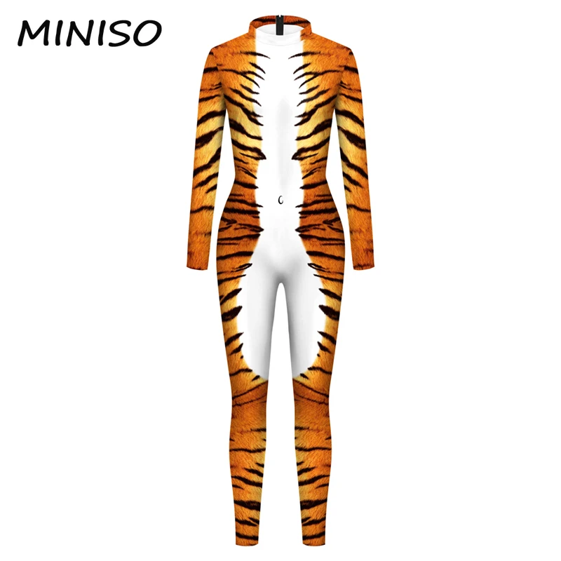 خواتین کے لیے MINISO Bodysuits Cosplay Tiger Print Animal Cloths Halloween Carnival Disguise Costume Sexy Catsuit Jumpsuits