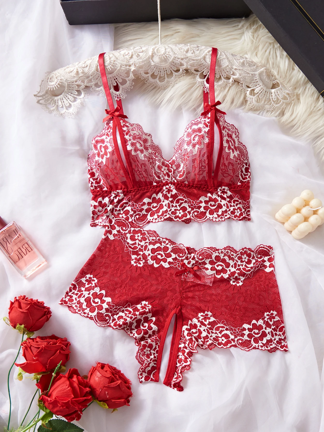 طقم حمالة صدر مفتوحة بتصميم أنيق وسراويل داخلية بدون أكمام ملابس داخلية مريحة مناسبة لجميع المناسبات هدية عيد الحب