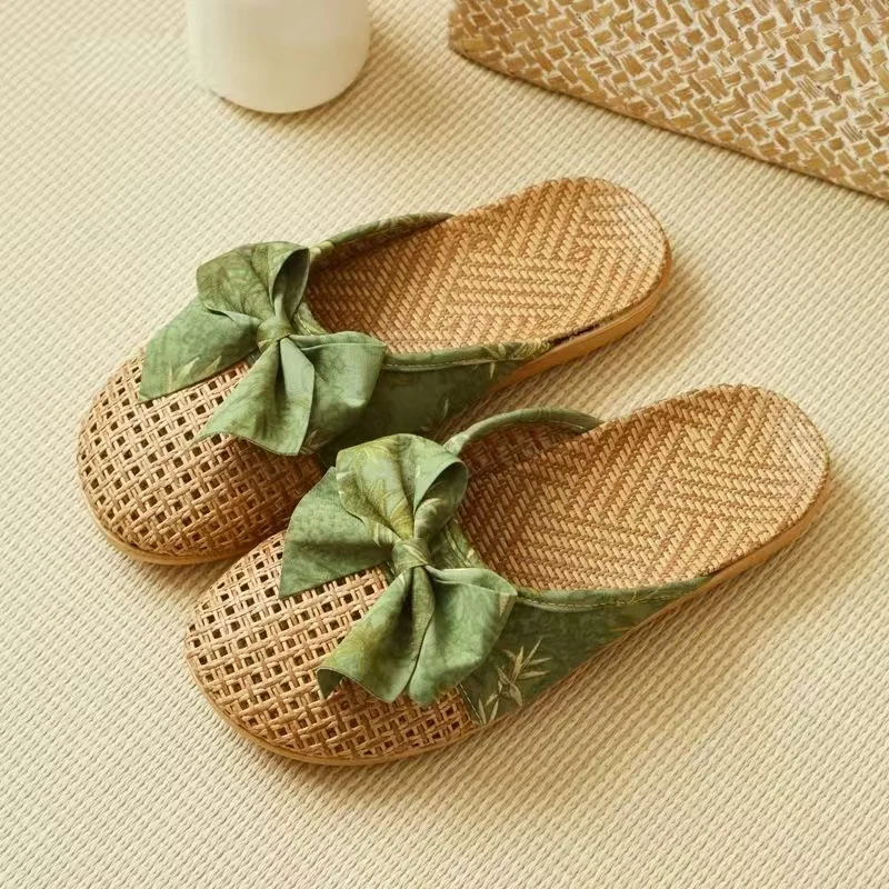 

Women Cane Woven Baotou Linen Slippers Summer New Soft Sole Non Slip Breathable Sweet Home Slippers Wood Floor Silent Slippers