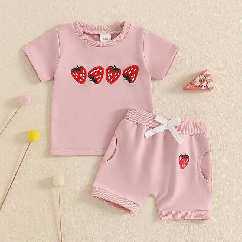 Toddler Girl Summer Clothes Strawberry Embroidery Short Sleeve Round Neck Tops + Elastic Waist Shorts