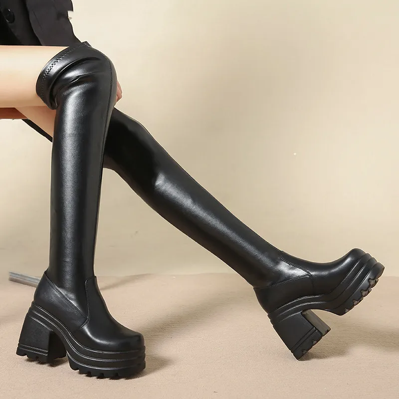 Lady Boots Women\'s Rubber Shoes Rain Clogs Platform Boots-Women Sexy Thigh High Heels High Sexy Round Toe Winter Footwear Large
