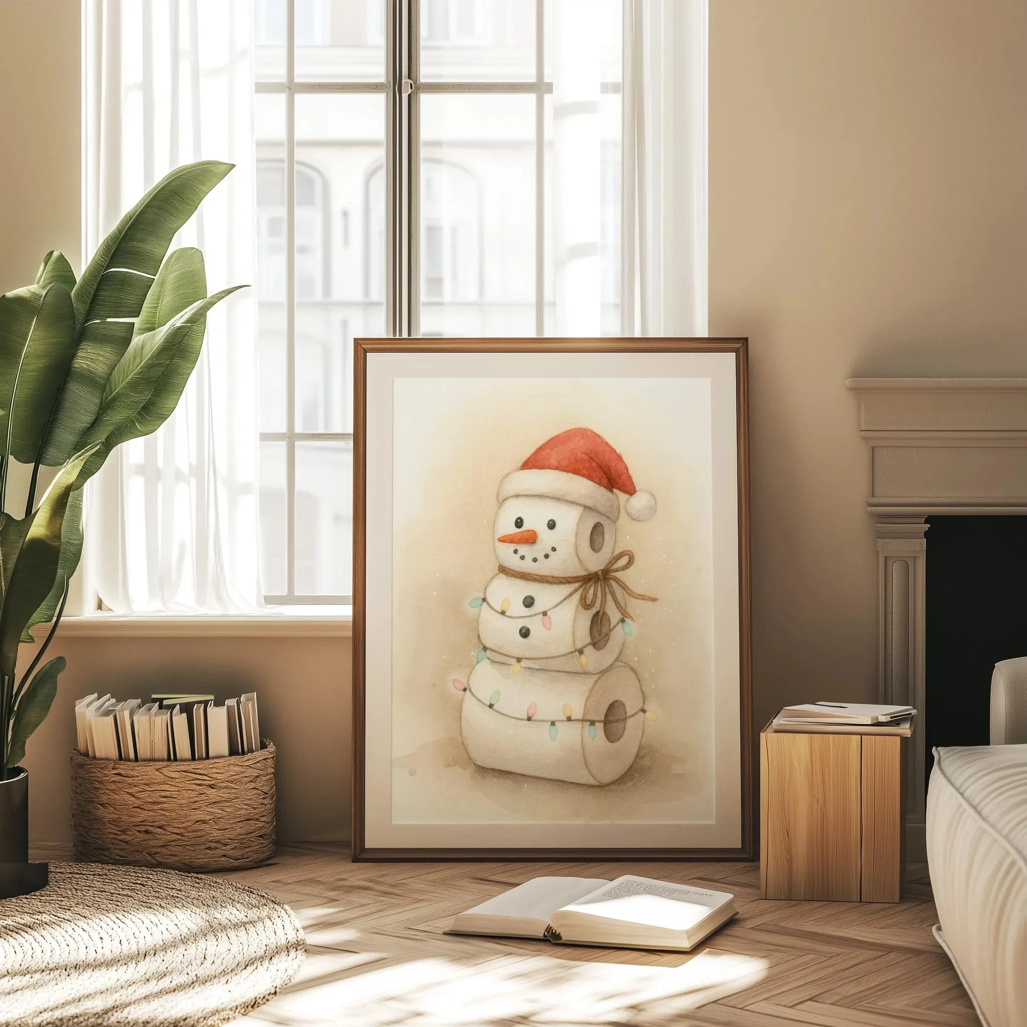 Decorazione natalizia divertente per il bagno, stampa natalizia con pupazzo di neve in carta igienica, simpatico arte da parete per le vacanze, poster per WC, poster invernale rustico