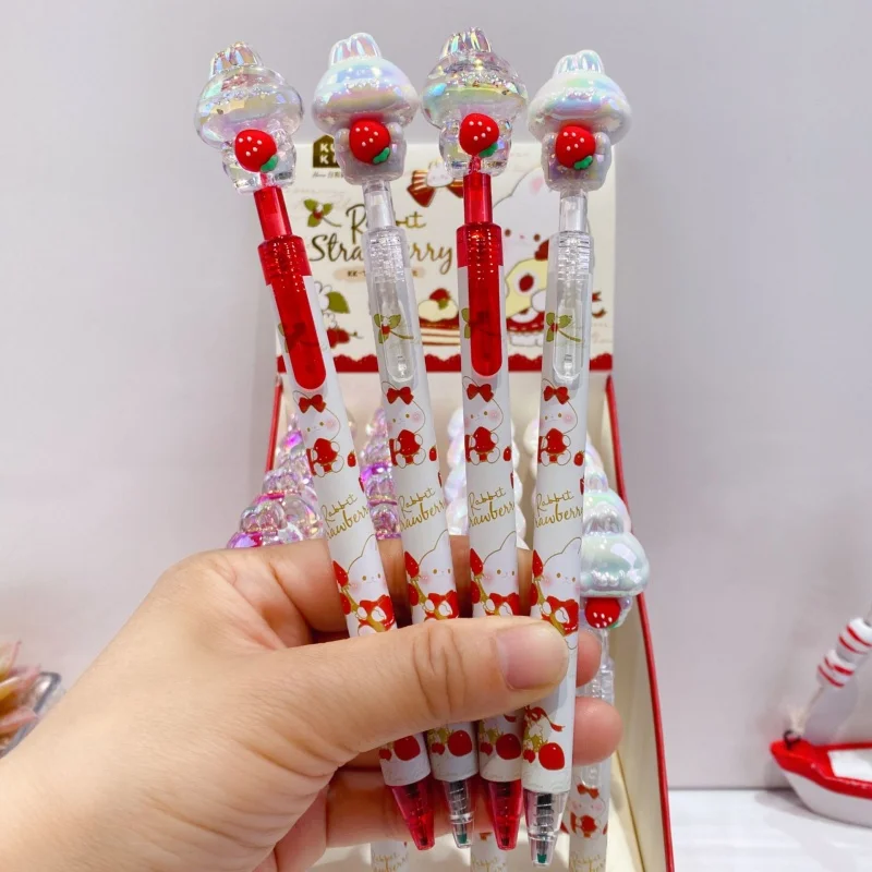 

12/24pcs Kawaii Crystal Strawberry Rabbit Press Gel Pen Cute 0.5mm Black Ink Neutral Pens Promotional Gift Office School Supply