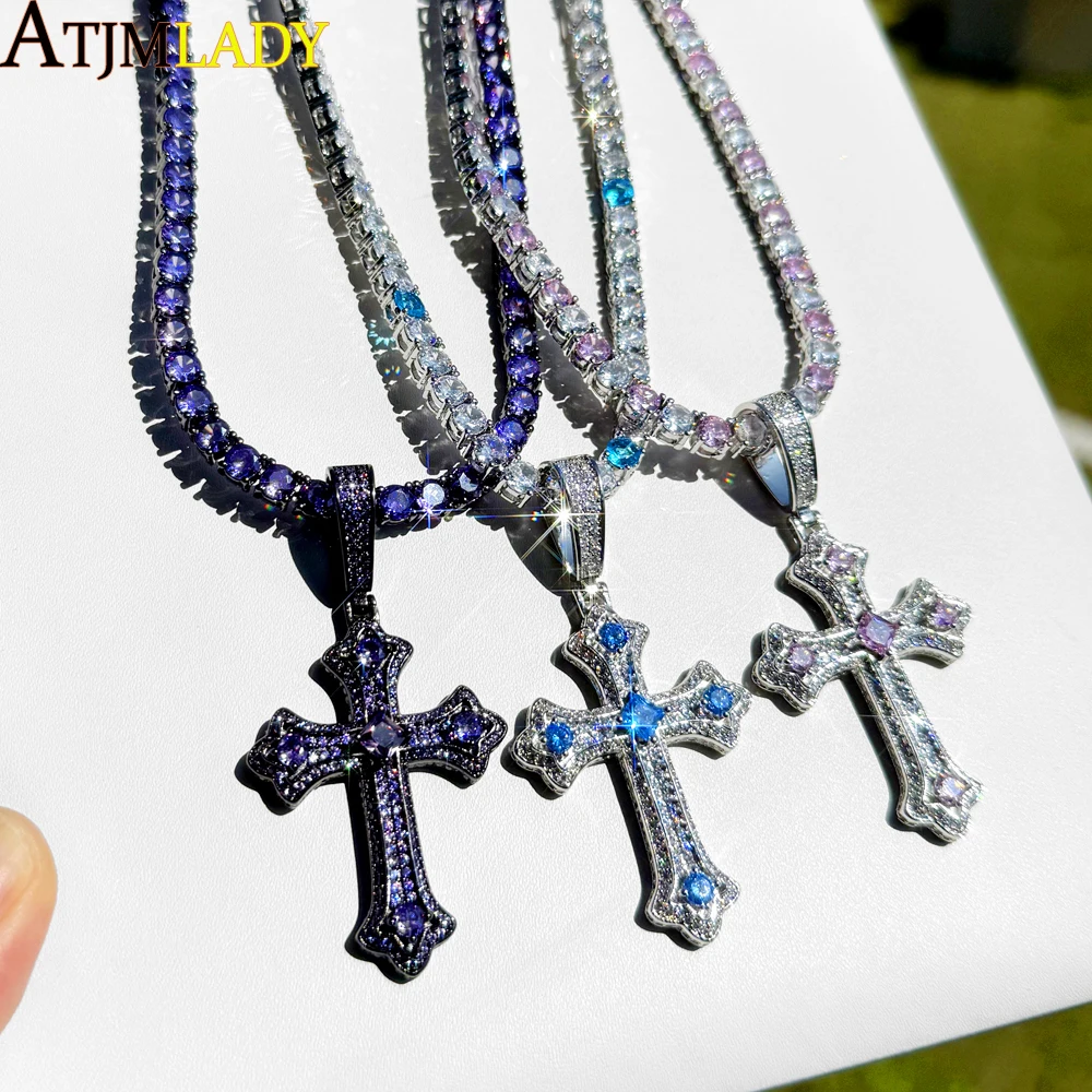 

Новое поступление Iced Out, красочное ожерелье с подвеской в виде креста CZ для женщин с 5 мм теннисными подвесками Chian Bling, модные украшения в стиле хип-хоп