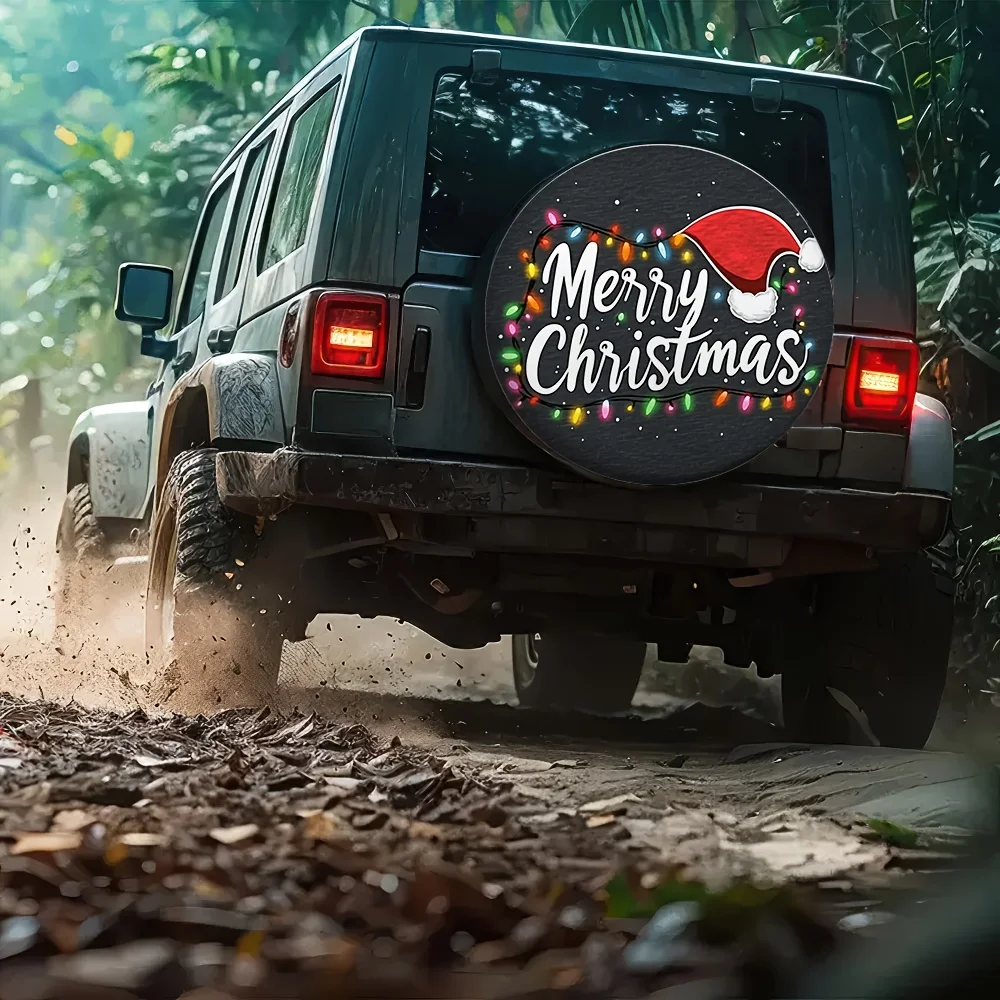 1pc Festive Santa Hat Christmas Lights Tire Cover  2D Flat Printing, 100% Polyester Fabric, No Electricity Needed, Ideal For Ou