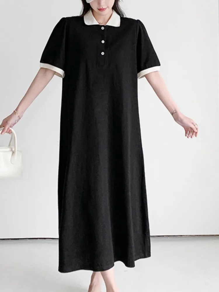 Summer Plus Size Shirt Dress Women Korean Edition Loose Solid POLO Neck Short Sleeve Ladies A-line Dresses Vestidos