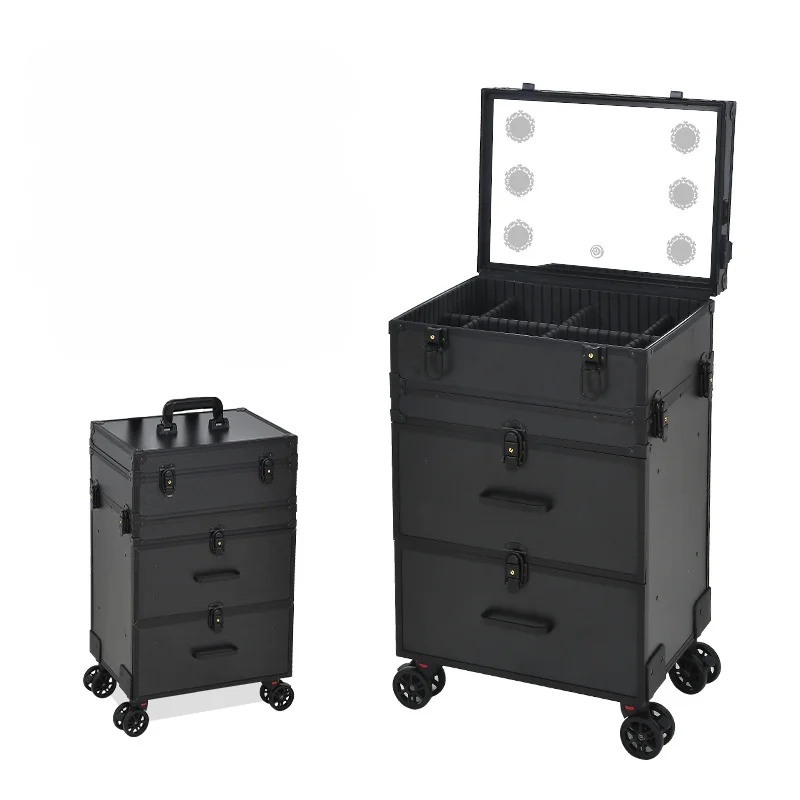 2024 New Professional Makeup Cart Wheels with Lights Large Capacity Trolley Cosmetic Case Rolling Luggage High-Quality Suitcase