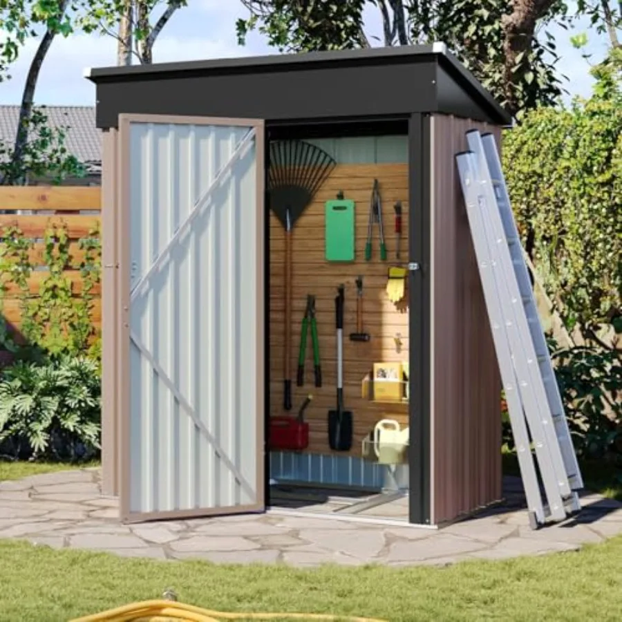 Cobertizo de almacenamiento exterior de Metal de 5x2,9 con marco Base, puertas bloqueables, techo inclinado para patio trasero, piscina, almacenamiento de herramientas de jardín