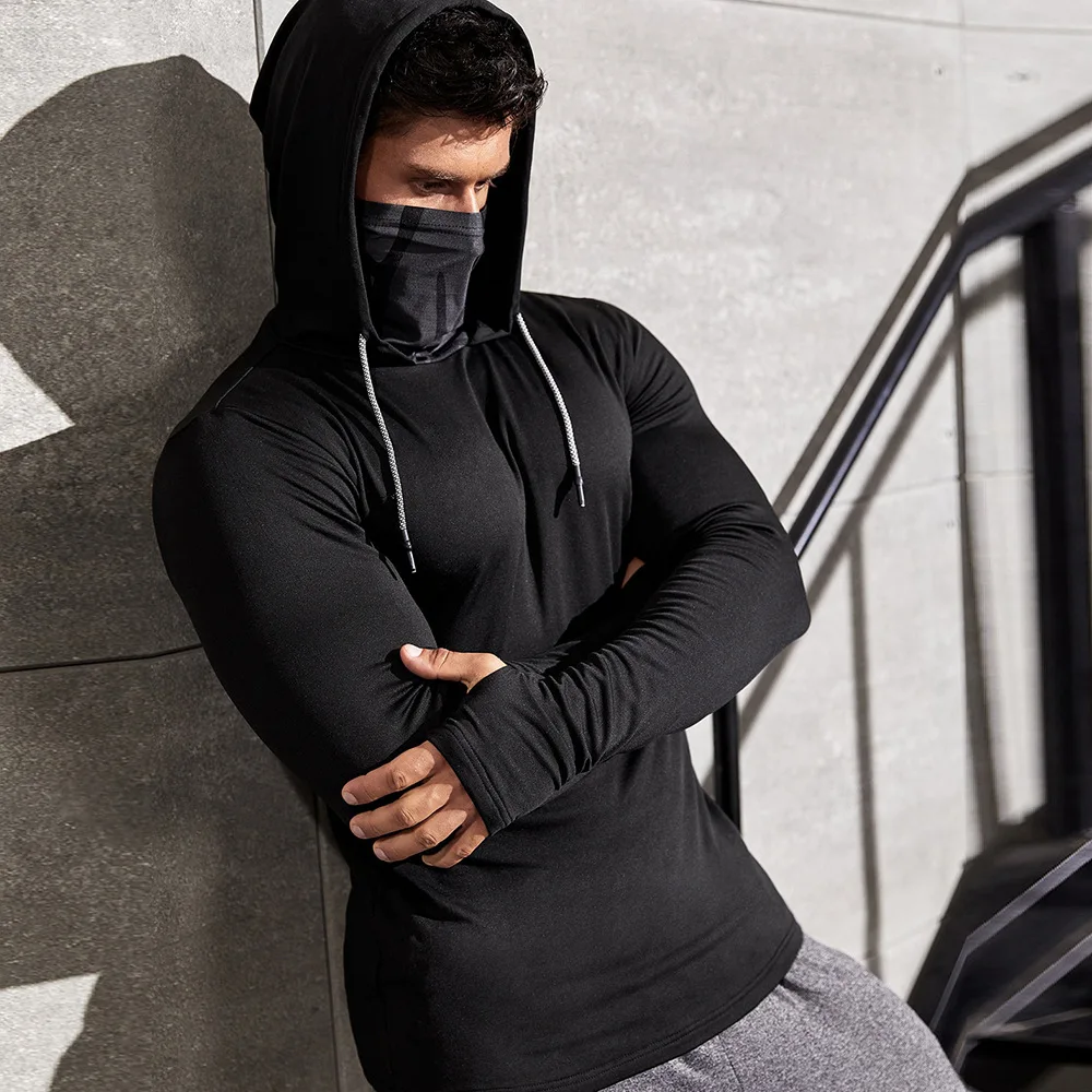 New Men Gym Thin Hoodie Long Sleeve Hoodies with Mask Sweatshirt Casual Splice Large Mask Hoodie Sweatshirt Hooded Tops Cycling