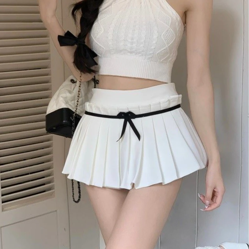 HOUZHOU Kawaii Pleated Skirt with Shorts Women Korean Preppy Style Bow Patchwork Black White Cute Mini Skirt Summer Gyaru