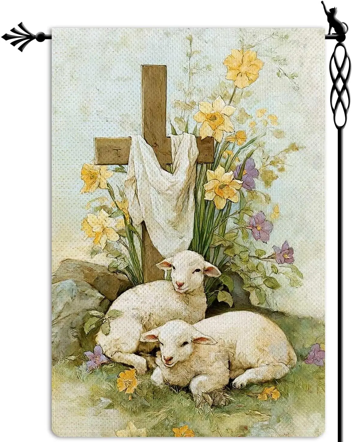 Easter Cross Garden Flag He is Risen Sheep Garden Flag Vertical Double Sided Rustic Farmland Burlap Yard Lawn Outdoor Decor  MMZ