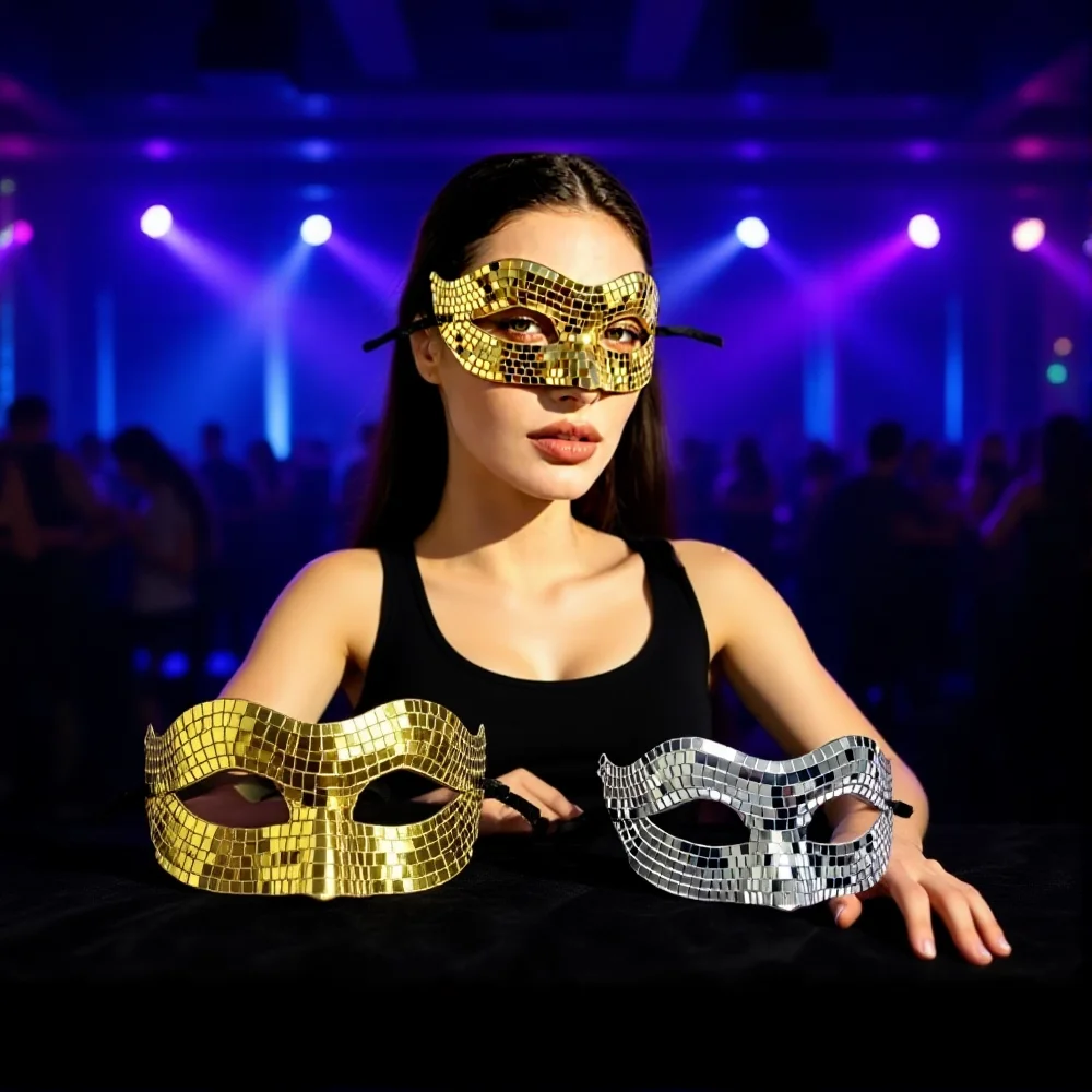 Sparkling Finish Disco Face Mask Mirror Glitter Texture Costume Mask Golden Silver Eye Covers Half Face Mask Halloween Costume
