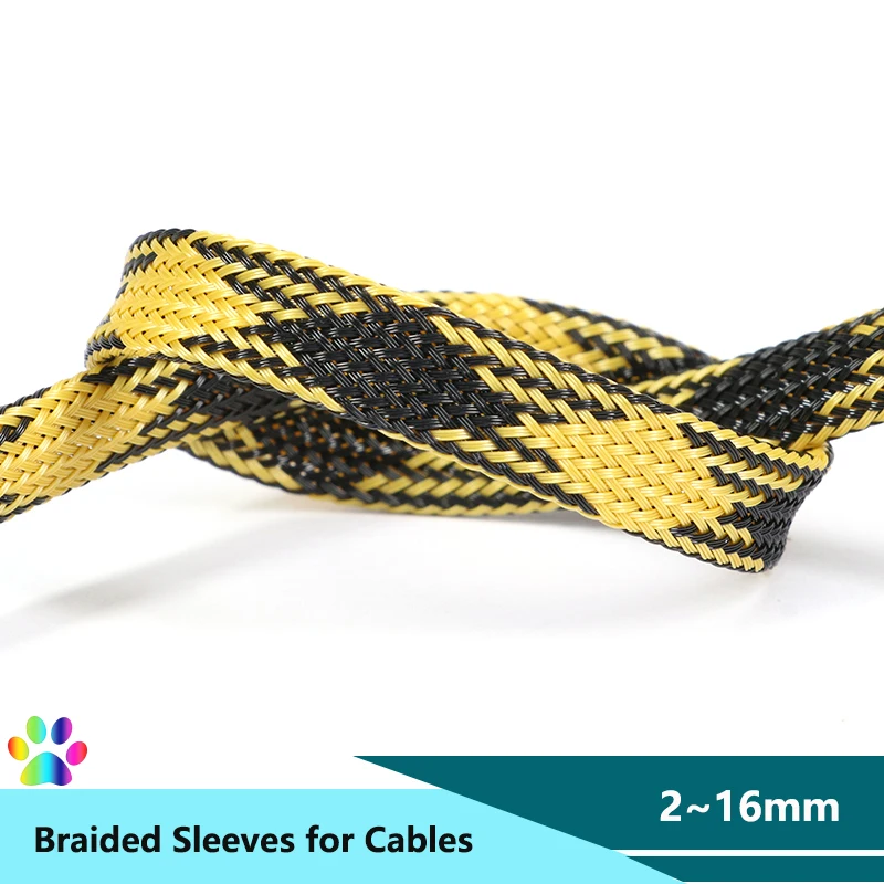 Black Yellow PET Braid Sleeve 2/4/6/8/10/12/16mm High Density Sleeving Snake Skin Cable Wrap Cover Case Sheath Wire Sleeve