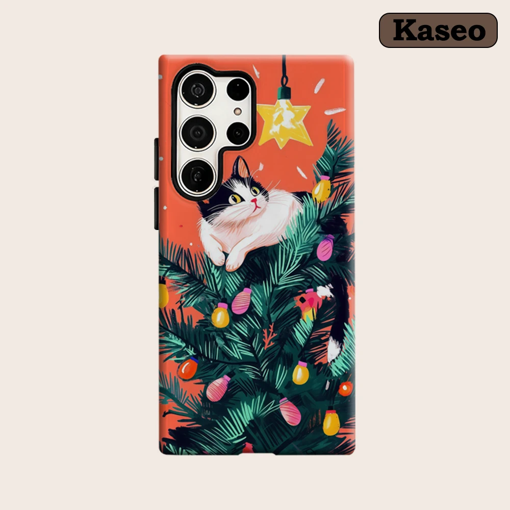 Kaseo Phone Case for Samsung Galaxy S26 S25 Ultra S24 S23 Ultra Plus Shockproof Double Layer Whimsical Christmas Cat Tree Cover