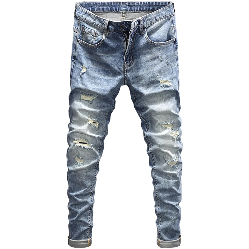 Korean Style Fashion Men Jeans Retro Light Blue Destroyed Hole Ripped Jeans Men Elastic Slim Fit Vintage Designer Denim Pants