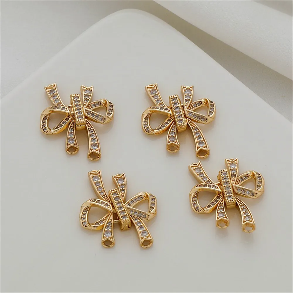 

14K Gold-coated Micro-Inlaid Zircon Double-Row Hanging Bow Button, Bracelet Necklace, Large Link Button Head, 23*30mm