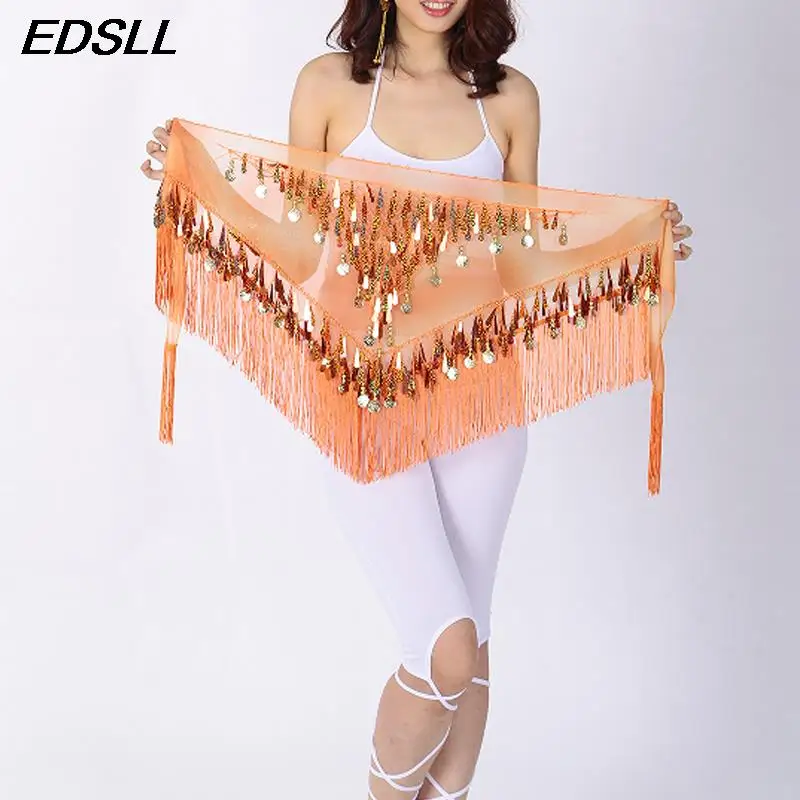 Ladies Belly Dance Hip Scarf Sequin Hanging Coin Tassel Gradient Triangle Scarf Women Indian Dance Tassel Waist Belt Accessories