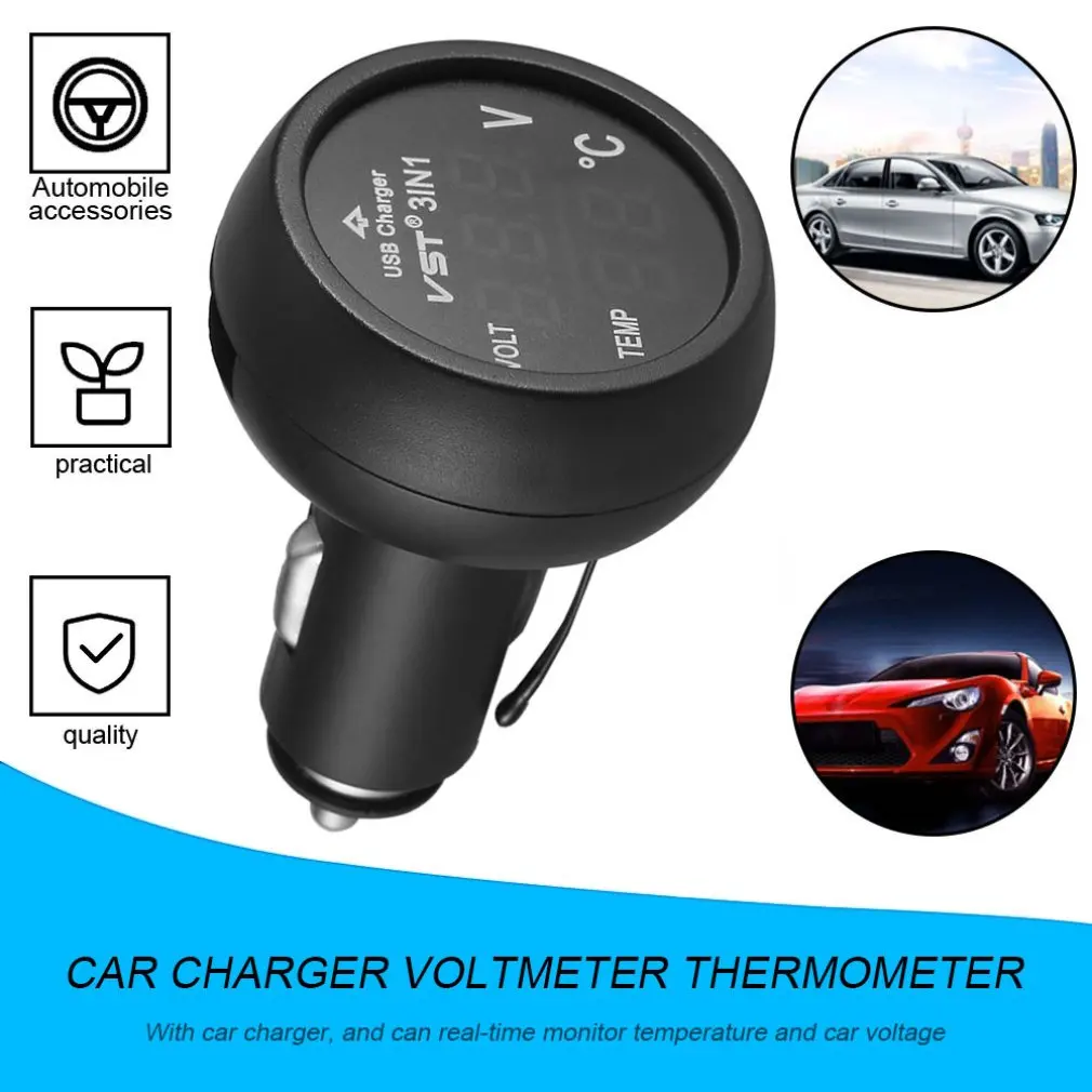 3 In1 12/24V Car Digital Thermometer Universal Volt Meter Auto LED Digital Dual Display Voltmeter Gauge Thermometer USB Charger