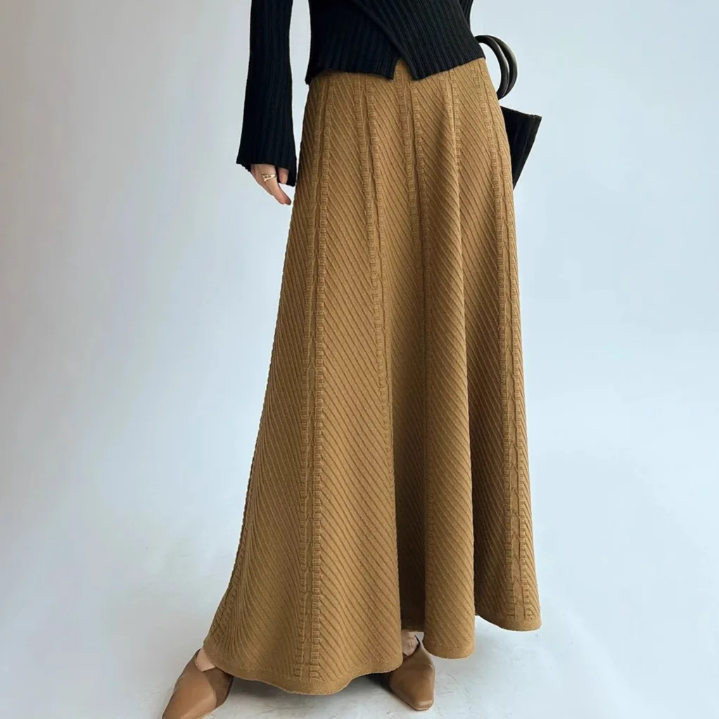 

Women Ankle Lenth Skirts Solid Knitted Skirt A Line High Elastic Waist Large Swing Loose Office Lady Elegant Casual 2025 Autumn