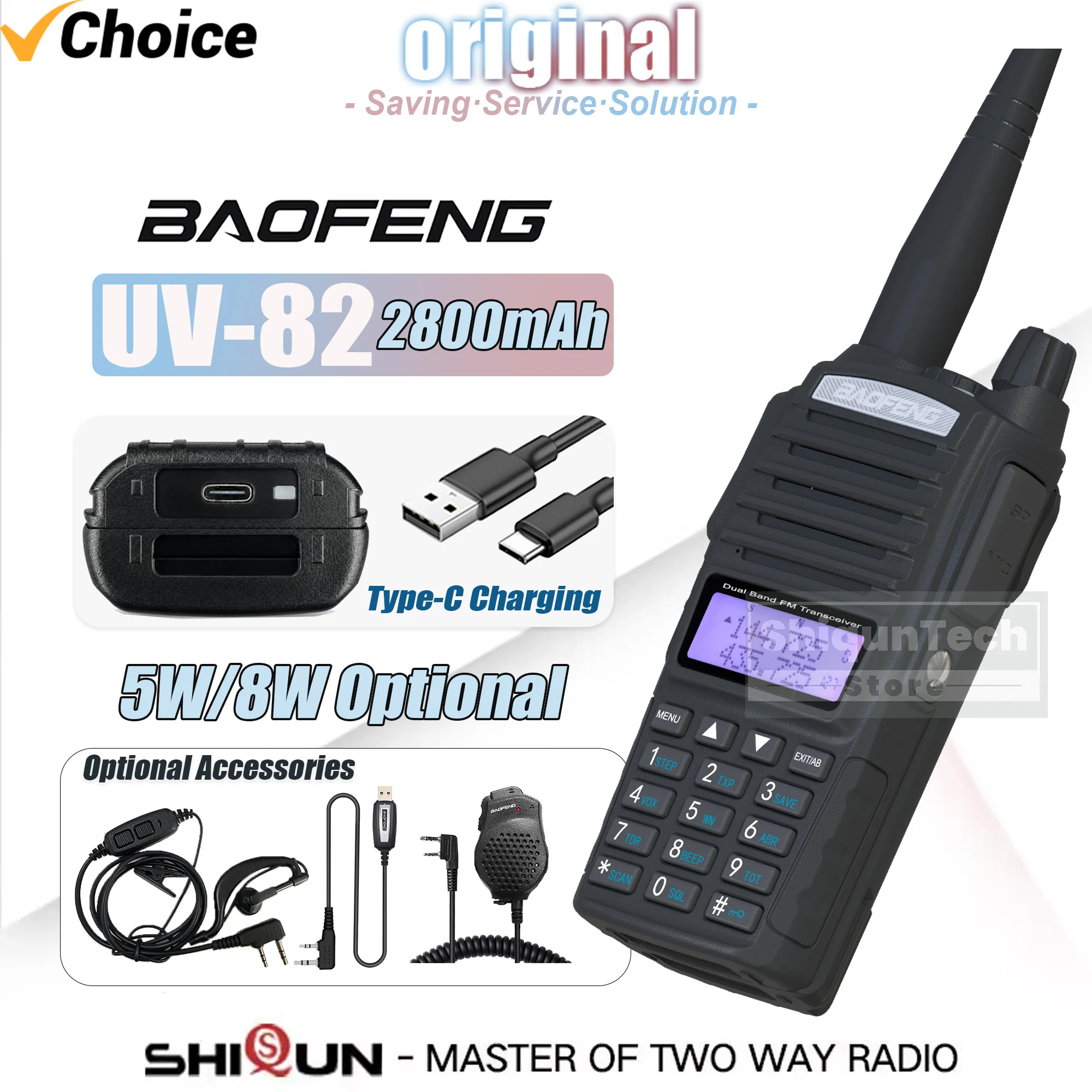 Baofeng UV-82 5W/8W Optional Dual Band UV82 Walkie Talkie 2800mAh USB-C Long Range Dual PTT Amateur FM Radio For Outdoor Camping