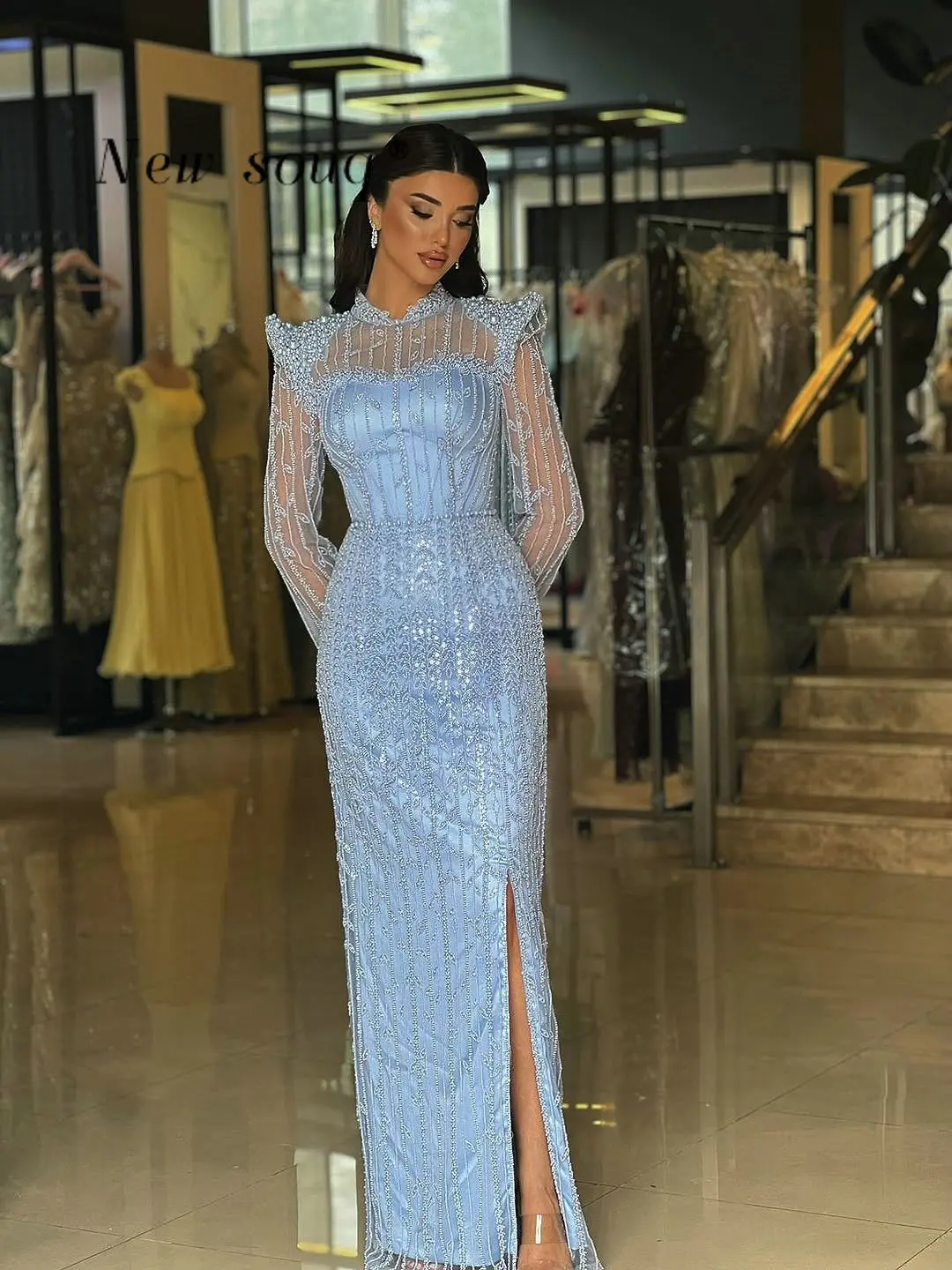 Robes de soirée bleu clair arabe élégant à manches longues perles robes de soirée perlées personnalisé formel dîner de mariage robes de bal